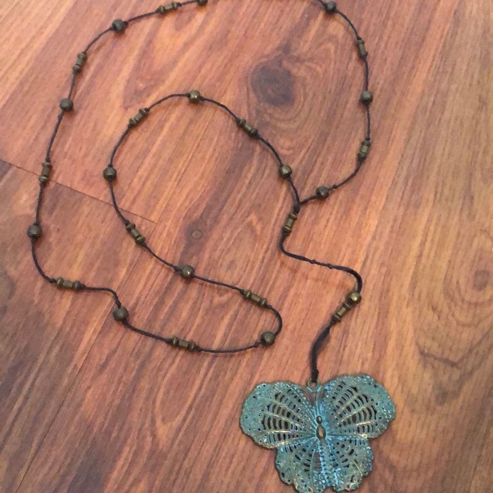 Vintage butterfly Y cord beaded necklace￼ Turquoise patina